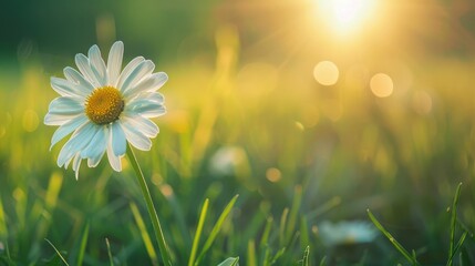 Wall Mural - Selective focus on wild daisy in summer sunlight with blurred grass field background