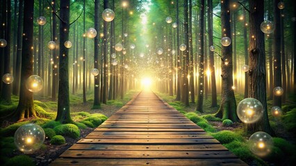 Sticker - A beautiful image of gleaming lumber leading to a magical forest with sparkling orbs of light