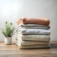 A stack of cozy knitted sweaters in warm neutral colors on a rustic wooden table. perfect for autumn or winter fashion. home decor. and lifestyle projects.