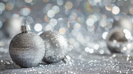 Shiny silver ornaments on glittery backdrop