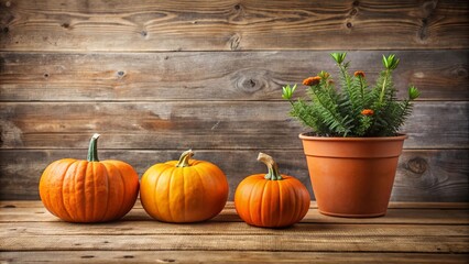 Sticker - Three pumpkins arranged on wooden table near potted plant