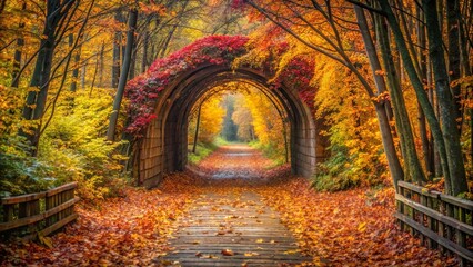 Sticker - Rustic wooden tunnel in the autumn forest surrounded by colorful leaves and dense foliage