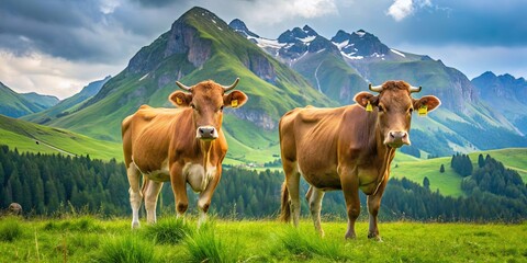 Two brown cows standing in a lush green field with a mountain backdrop