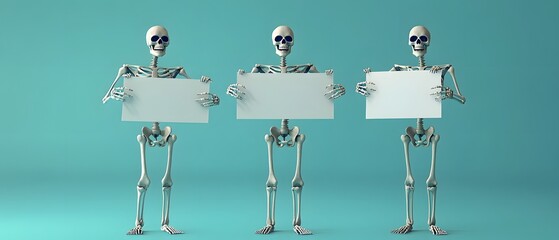 Three playful skeletons hold blank signs against a vibrant background, perfect for Halloween or medical-themed designs.