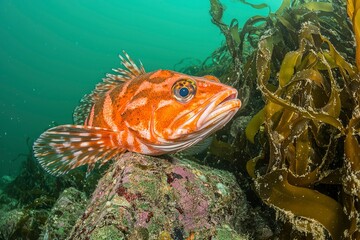 Poster - Orange and White Striped Fish with Open Mouth Under Water