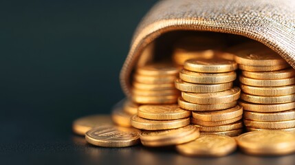 Wall Mural - Luxury and Wealth Concept - Gold Coins Spilling out of Designer Purse with Copy Space, Selective Focus on Foreground, Ultra HD