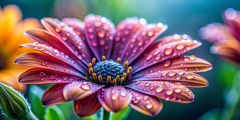 Wall Mural - Close-up shot of a flower covered in water droplets, with a blurred background of leaves and blooms