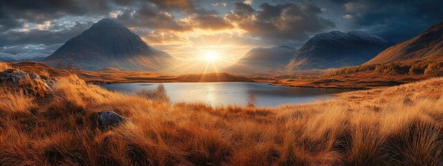 Beautiful landscape of golden meadow grass field and panoramic view of mountains and lake with sunset sky and clouds.