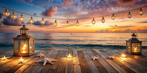 Wall Mural - Seaside sunset setting on wooden deck adorned with lanterns, seashells, and fairy lights