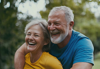 Sticker - A happy senior couple enjoying outdoor fitness activities, wearing blue and yellow with caps on their heads.