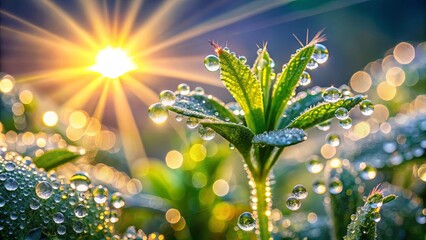 Close-up of plant with glistening dewdrops and sun glowing in background