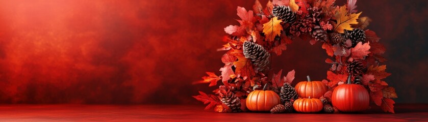 Thanksgiving wreath, warm autumn tones, with leaf and pumpkin decorations, 3D Blender style, isolated background