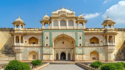 The grand entrance of the Amber Fort, with its ornate arches and detailed frescoes.