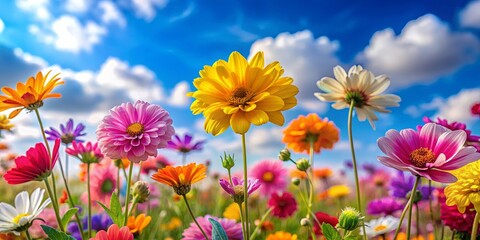 Canvas Print - Close-up shot of colorful blooms against a blurred sky backdrop