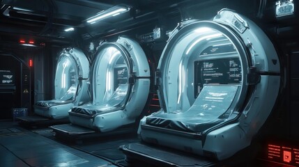 futuristic medical pods in a spaceship interior.