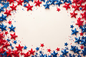 Red and blue stars frame with confetti