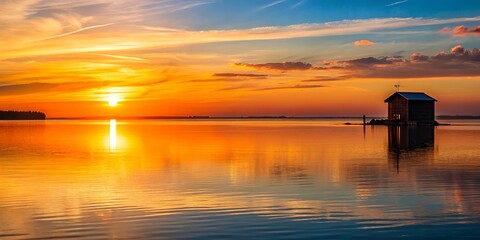 Wall Mural - Sunsetting over a calm body of water with a lone building on the horizon