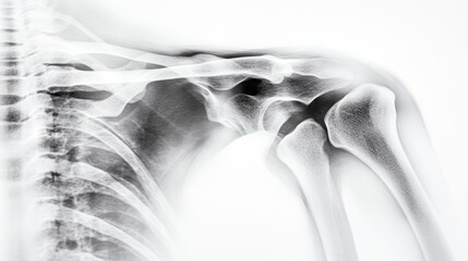 Close-up of a grayscale X-ray image of a human shoulder. The image shows the clavicle, scapula, humerus, and ribs.