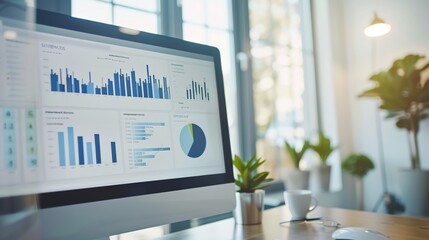 Poster - Bright office with monitor showing graphs and charts