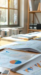 Poster - Busy office desk with charts and graphs for business analysis.