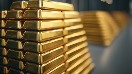 Wall Mural - Illuminated Gold Bullion Stack in High-Security Vault with Copy Space - Selective Focus, Ultra HD