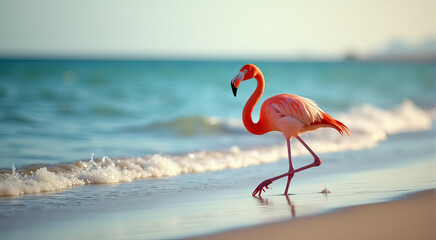 A pink flamingo gracefully walks along the shore at sunset, surrounded by gentle ocean waves and a colorful sky