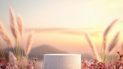 Poster - White Podium in Grassy Field at Sunset.