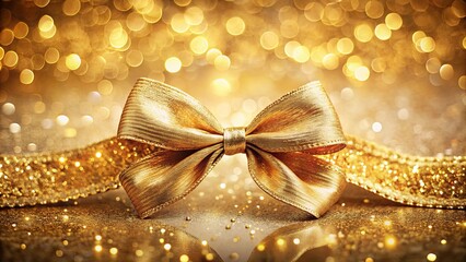 Wall Mural - Elegant sparkling bow on golden bokeh background radiating light