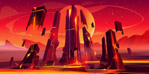 Poster - red alien planet surface with rock cliff mountains and flowing hot orange lava. cartoon vector ficti