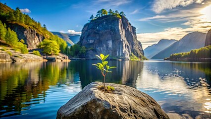 Poster - A serene landscape featuring a small plant near a rock, with a peaceful body of water and a towering cliff in the background