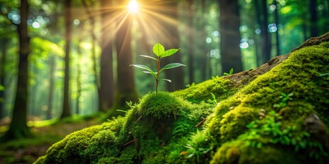 Poster - Green shoot emerging from moss-covered rock in sunlit forest, with trees filtering sunlight