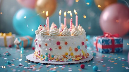 Poster - Delicious cake with candles, colorful gifts and confetti on blue background. Generative AI.