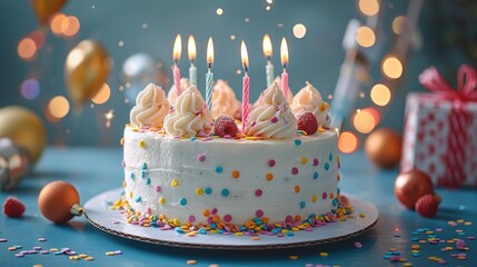 Poster - Delicious cake with candles, colorful gifts and confetti on blue background. Generative AI.