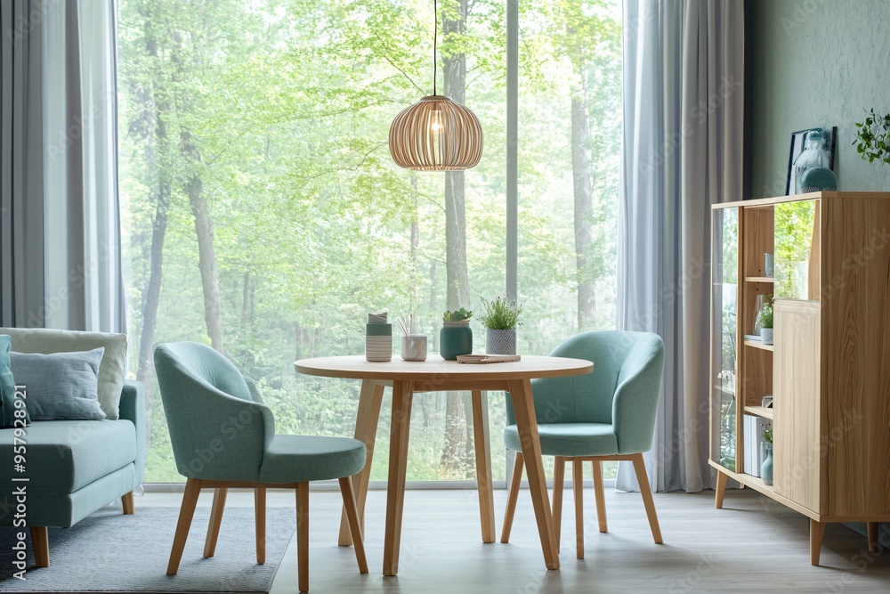 Modern Dining Room Interior Design With Wooden Table Chairs And Cabinet ...