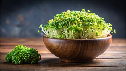 Close-up of a bowl filled with fresh broccoli sprouts