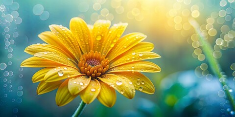 Canvas Print - Close-up of yellow flower with dewdrops on petals against softly blurred background