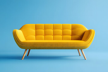 Yellow sofa, isolated on blue background