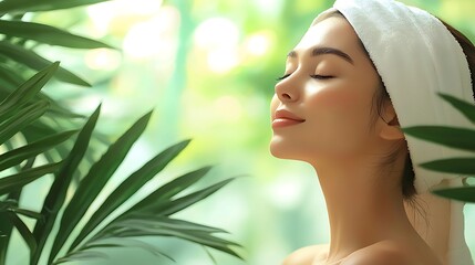 A woman relaxes with a towel on her head, surrounded by the calming embrace of nature.