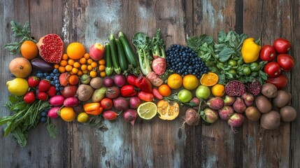 Sticker - Vibrant Assortment of Fresh Fruits and Vegetables on Rustic Wooden Surface