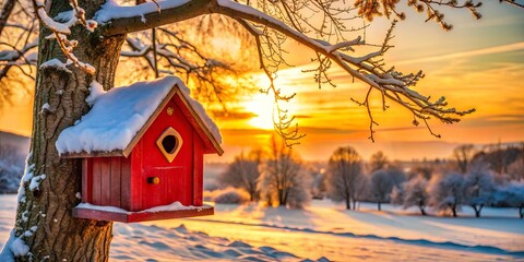 Wall Mural - Snow-covered red birdhouse perched on a tree with cozy cottage in background at sunset