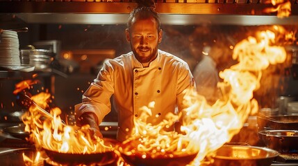 Wall Mural - A chef in a bustling kitchen, engulfed in flames as he burned a dish with passion and precision, fire dancing in the pan, dramatic lighting and shadow. Generative AI.