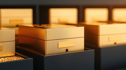 Wealth Protection Concept - Security Deposit Boxes Filled with Gold Bullion 3D Illustration with Copy Space and Selective Focus, Ultra HD Quality