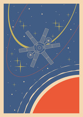 Wall Mural - retro space background, vector template for cosmic illustrations, covers, posters. cosmic probe, sun