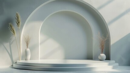 Aufkleber - Minimalist 3D scene with a circular podium, simple lines, and a monochromatic color palette. Generative AI.