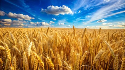 Wall Mural - Field of golden wheat surrounded by lush green grass under the blue sky