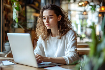 Poster - Young beautiful woman working laptop a modern workspace