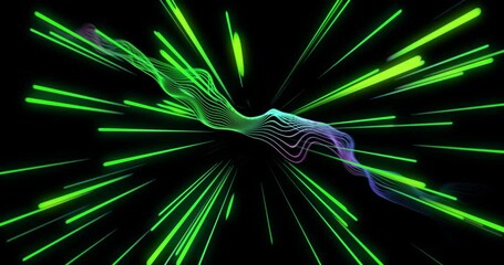Poster - Green and purple light waves animation over black background with radial beams
