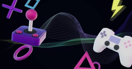 Poster - Retro joystick and modern game controller with abstract shapes and lines, animation