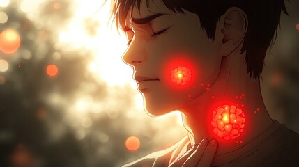 Canvas Print - A man with a sore throat, shown with red glowing cells on his neck.