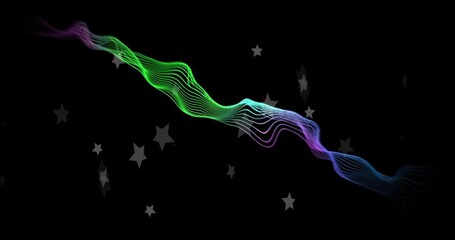 Sticker - Colorful wave animation over dark background with stars and diamond shapes